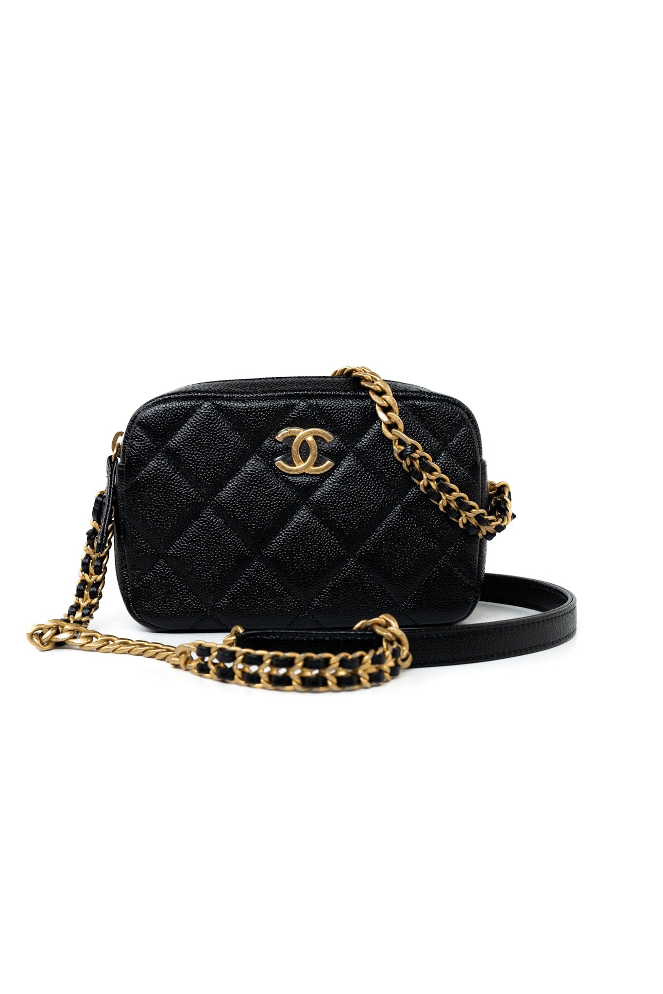 22P Black Caviar Quilted Melody Chain Camera Bag Aged Gold