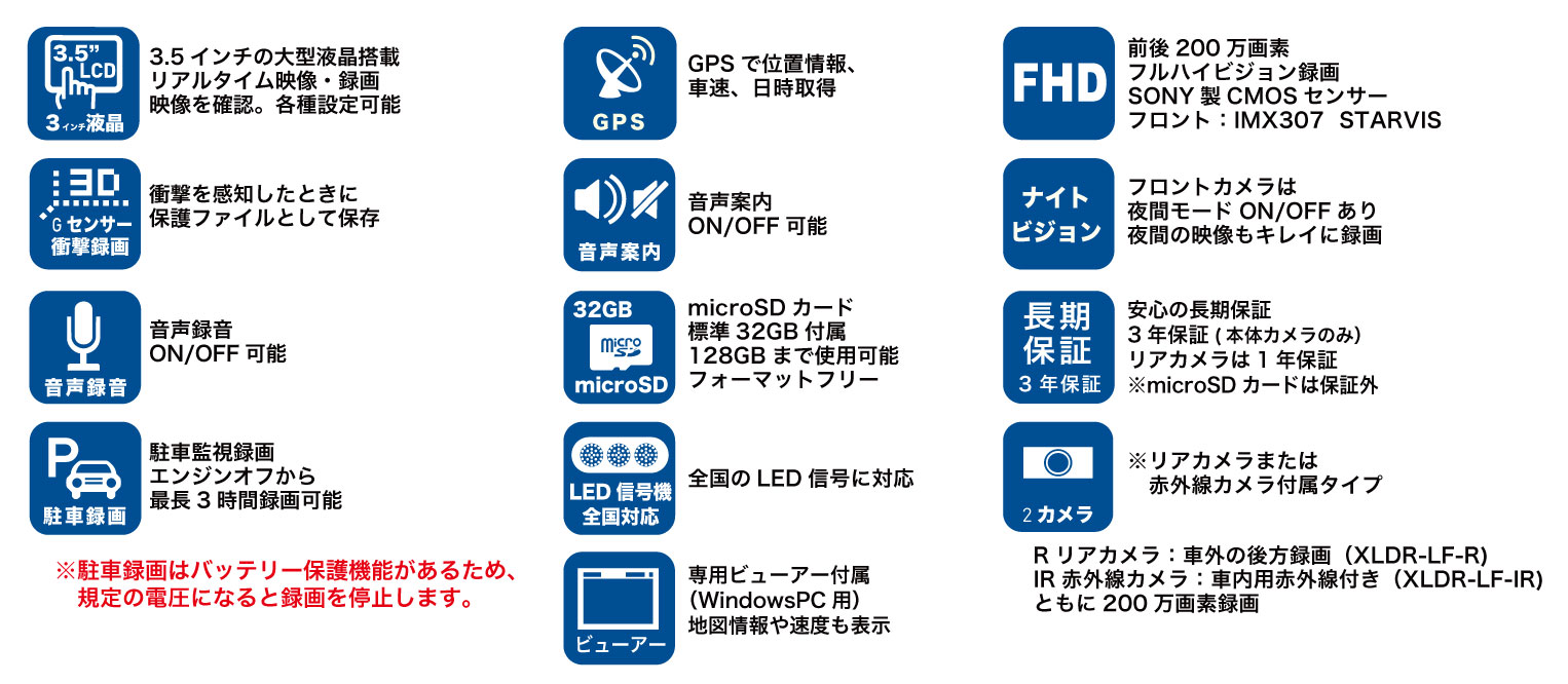 XLDR-LF ドライブレコーダー(選べる1カメラ/+リア/+IR)｜ドライブ