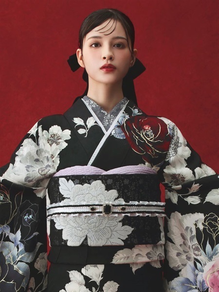 正絹振袖レンタルセット バラ(黒)【和風館ICHI】