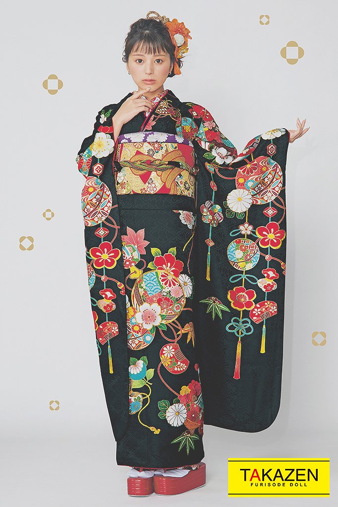 正統派古典 黒/オレンジ 毬柄 シンプル 大人っぽい古典振袖 金彩刺繍京