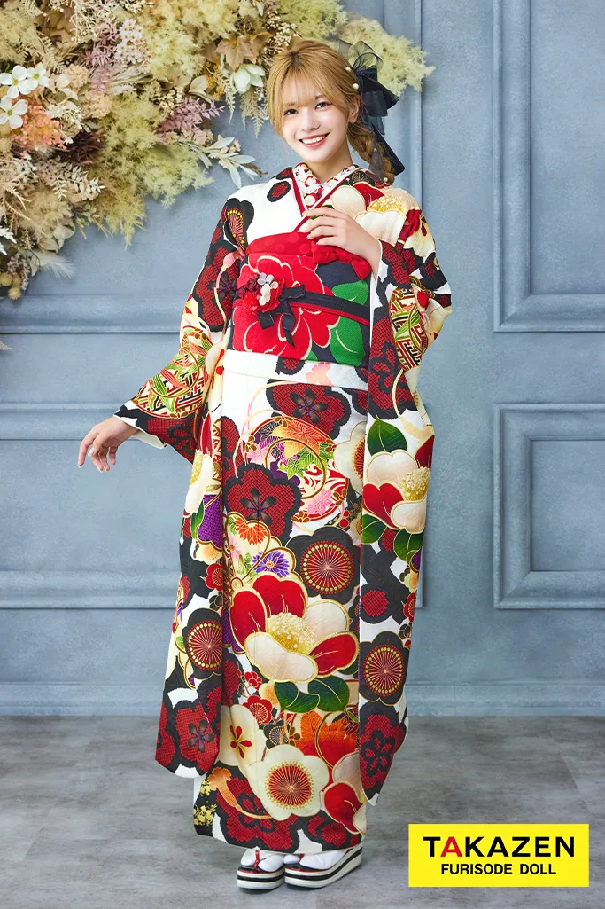 格安レトロ古典 白地/赤 椿柄 ポップ かわいい お洒落 目立つ【通販可