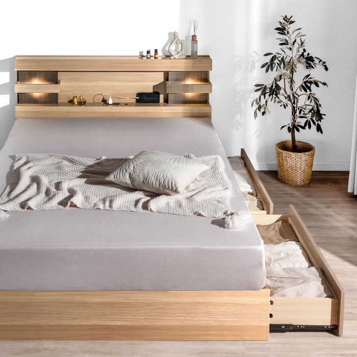 シングル］宮付きベッド フレーム単品 引き出し収納付き 2口コンセント