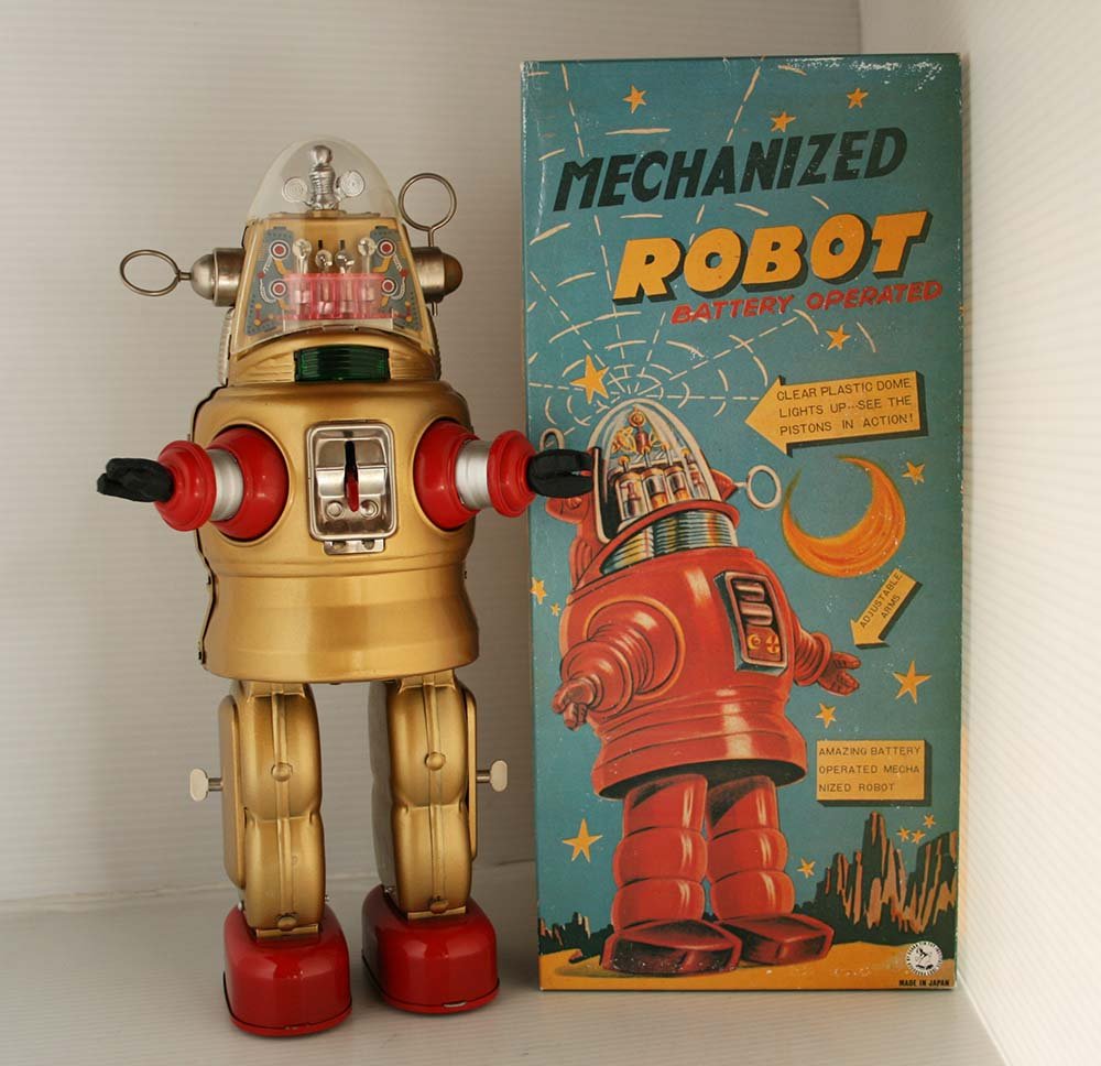 Osaka Tin Toy Institute Japan 90's Mechanized Robot in Box Battery