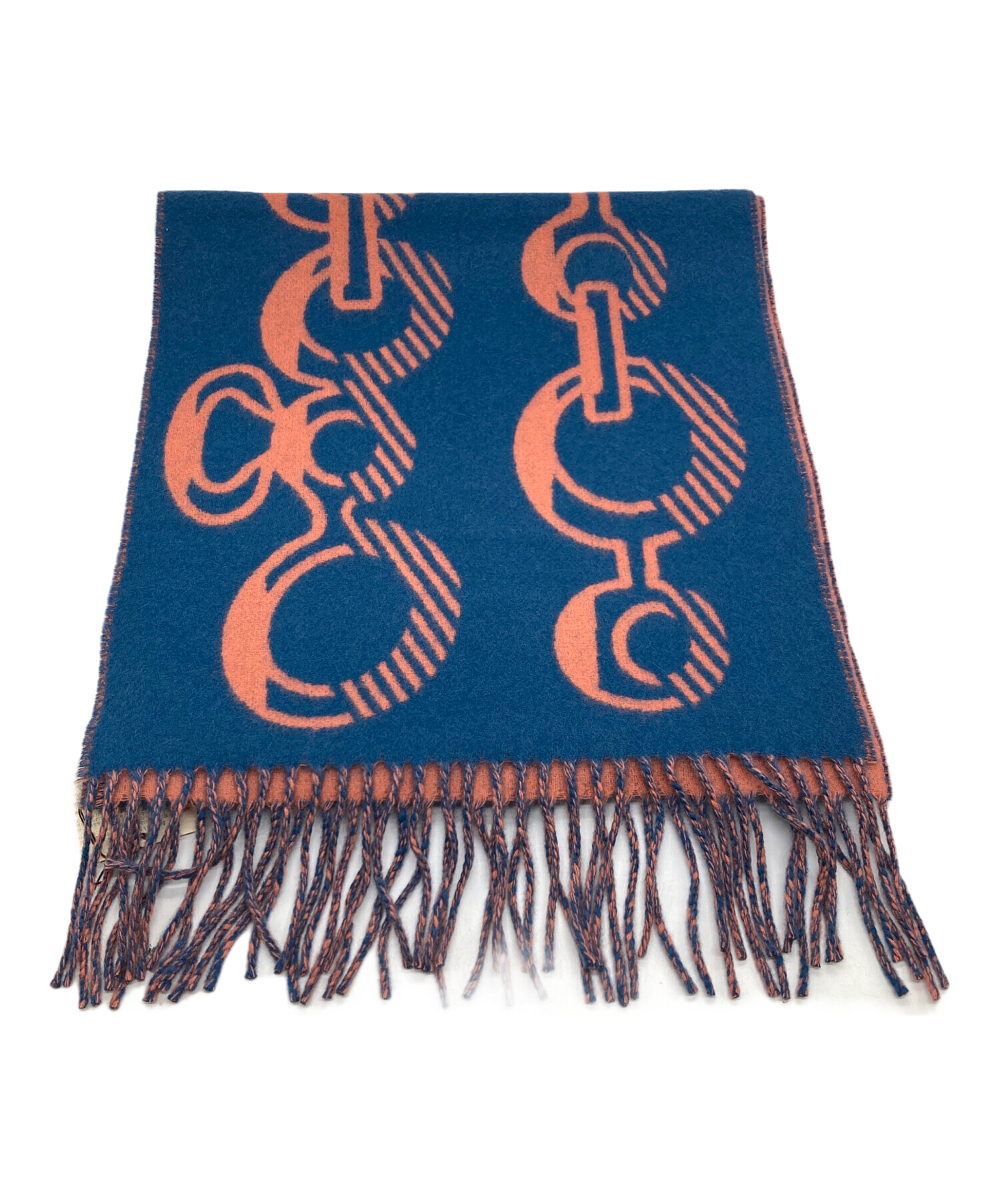 エルメス カシミアマフラー ブルーマリン・オーシャン フリンジ ホース