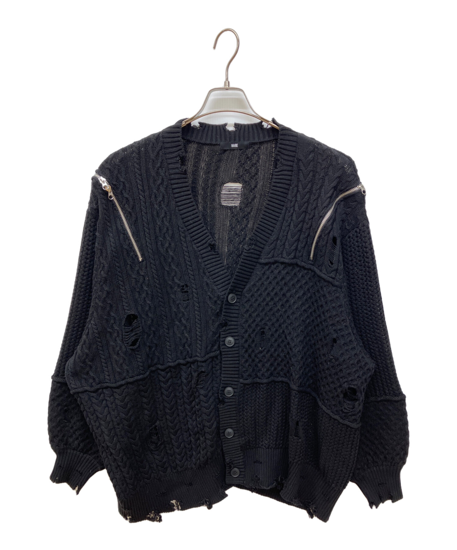 中古・古着通販】HARE (ハレ) BIGダメージZIPカーディガン ブラック
