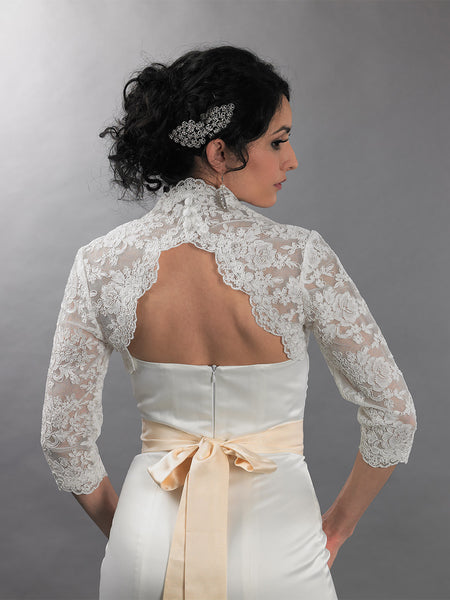 3/4 sleeve alencon lace bolero with keyhole back – Tulip Bridal