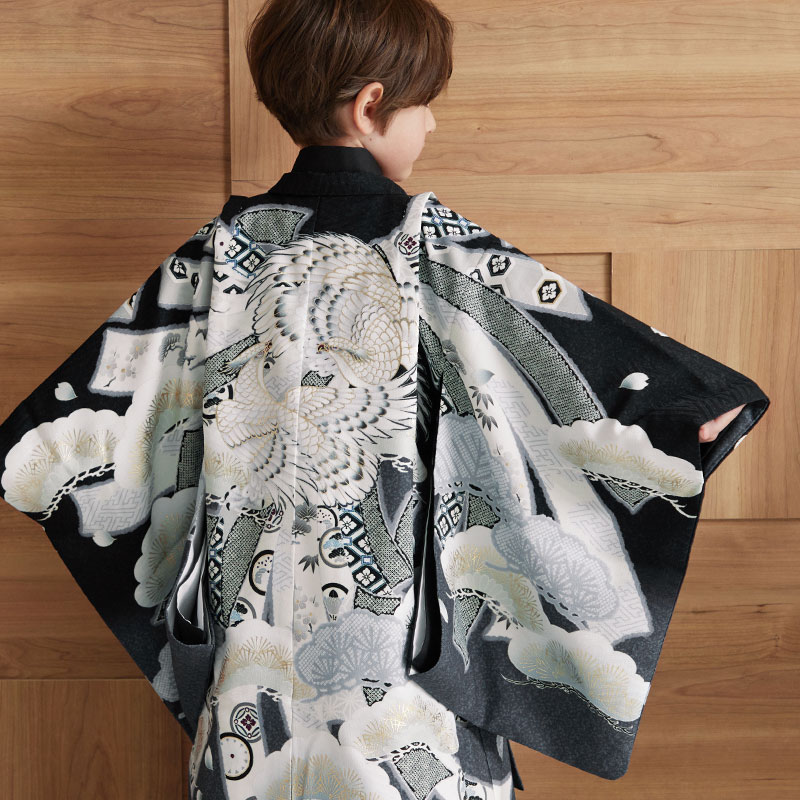 男児袴：BY109 【五歳】黒熨斗束向い鷹×黒華花変り格子 七五三男児袴