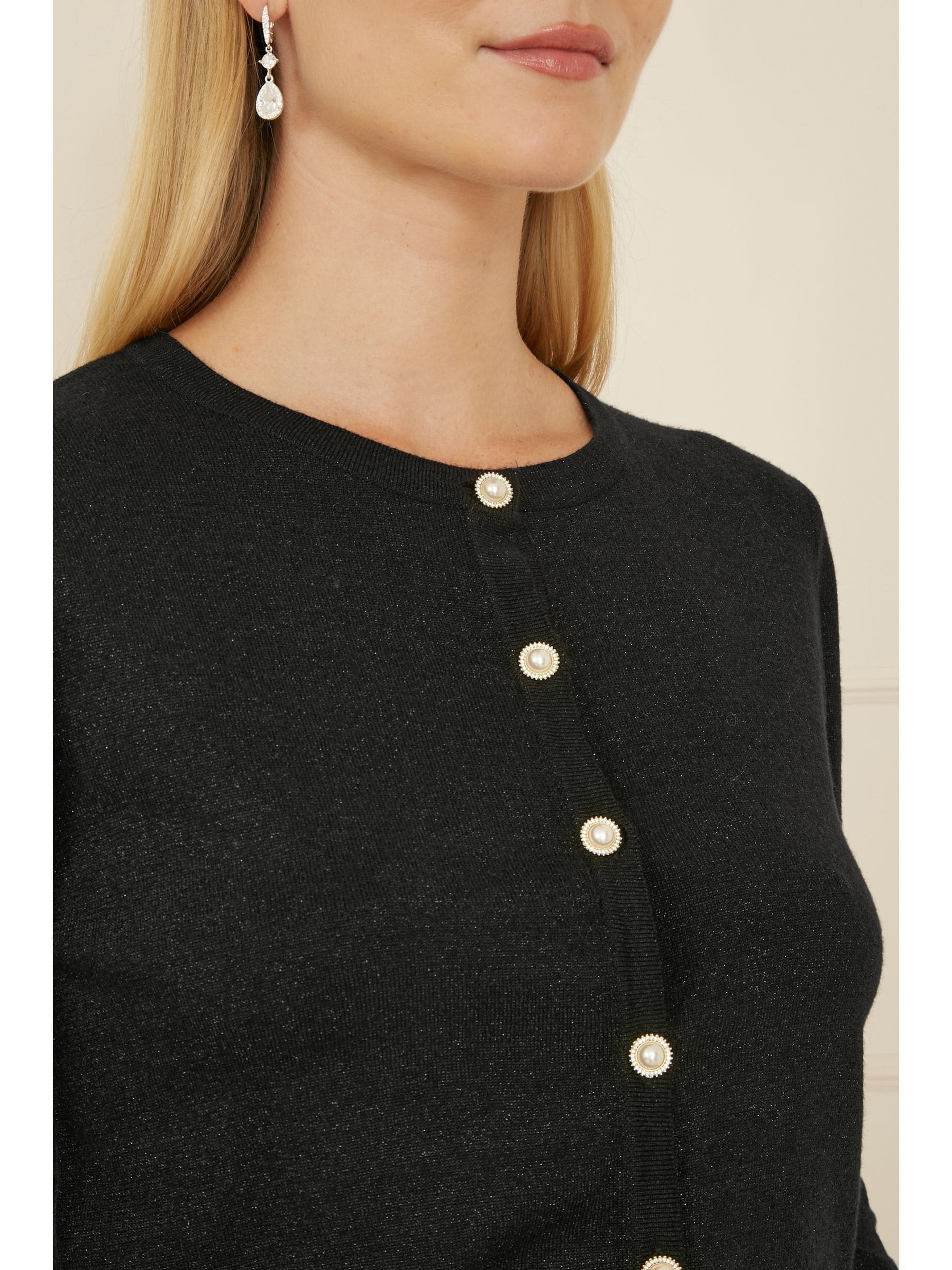 Buy Yumi Black Metallic Knit Cardigan With Pearl Button Details
