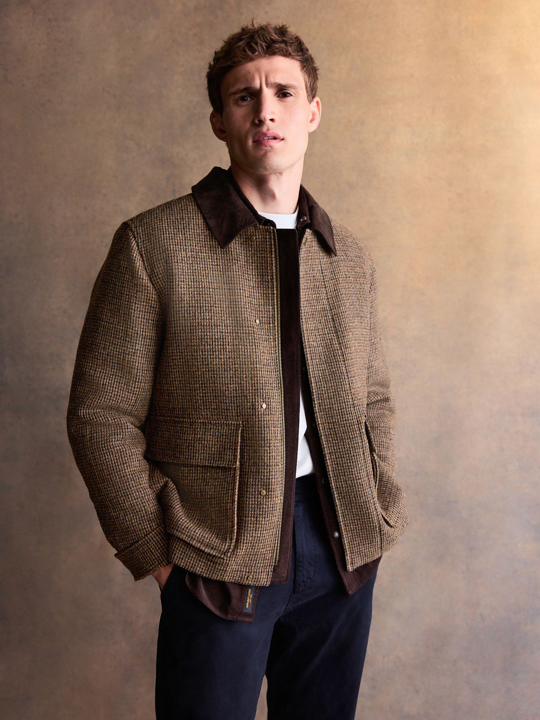 Buy Brown Signature Harris Tweed Puppytooth Corduroy Collar Jacket