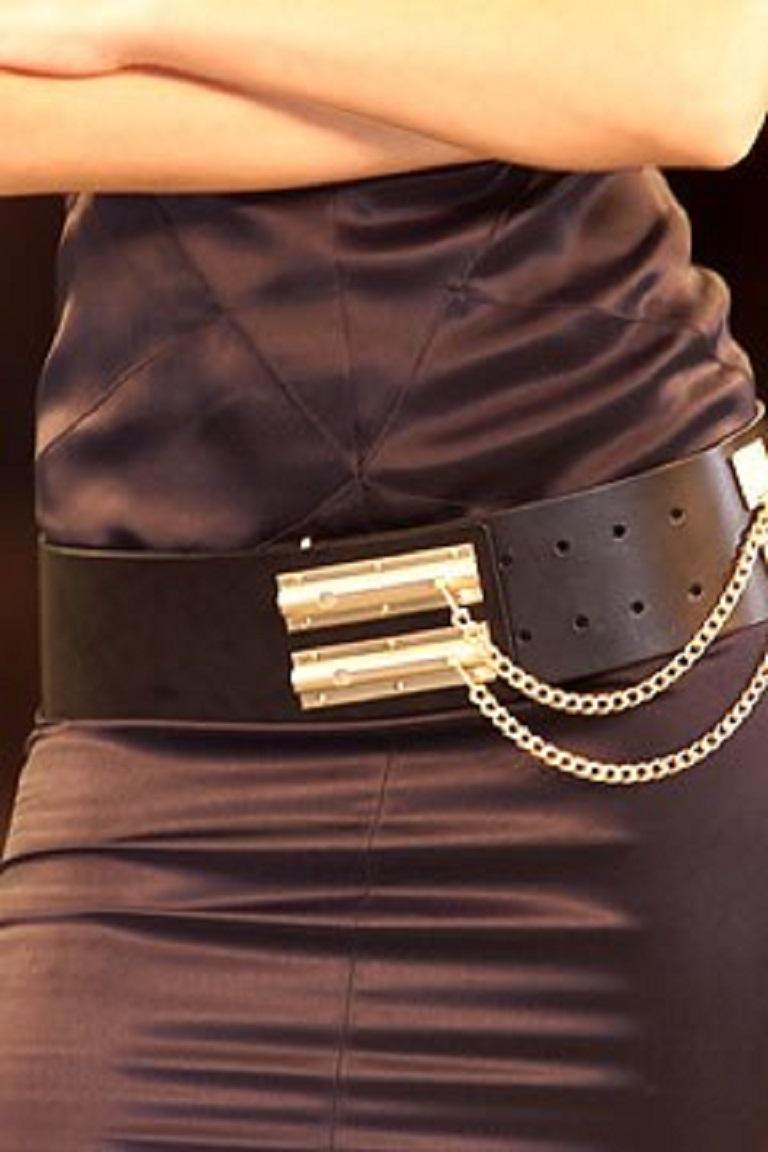 Chanel Spring 2002 Black Leather Sliding Chain Lock Runway Belt