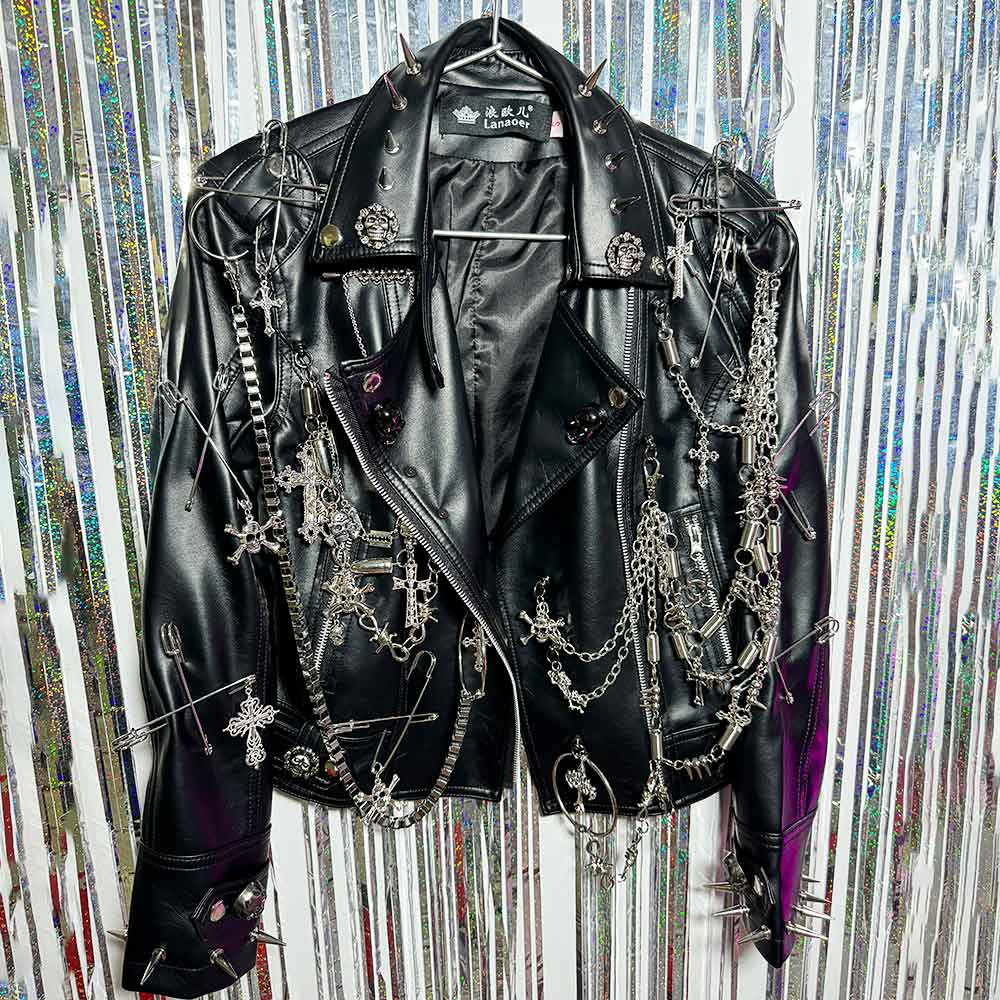 Chain Goth Grunge Y2K Vegan Leather Jacket Harajuku Emo DIY Hand