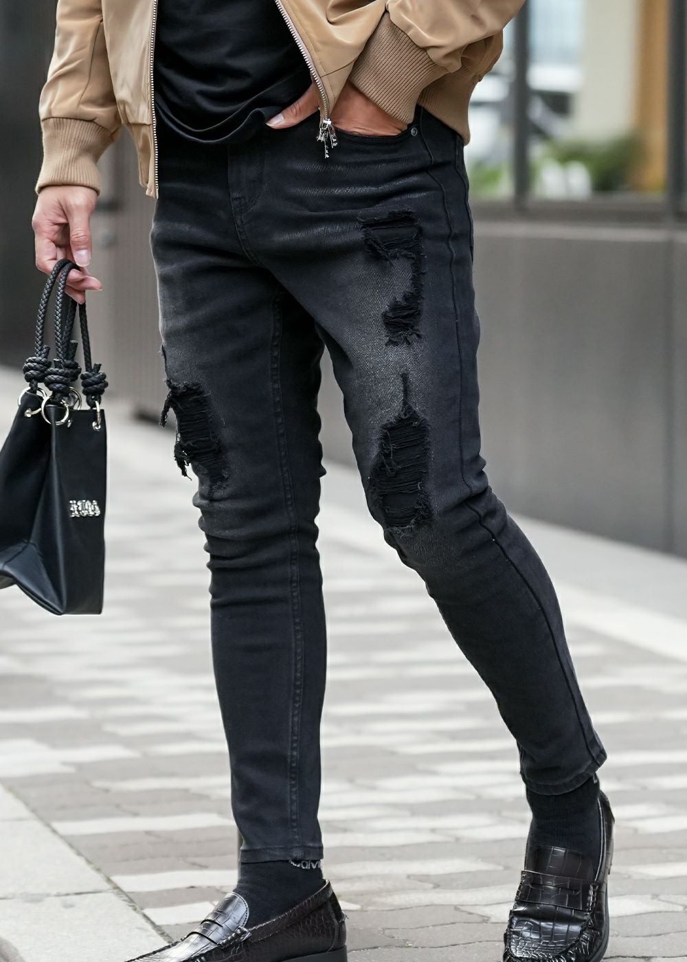 バーティカルダメージブラックデニムロングパンツ | adamsJUGGLER