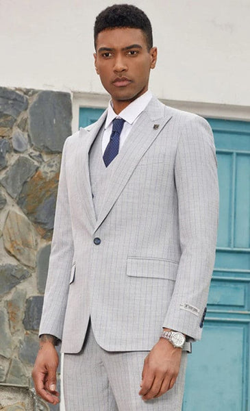 Mens Grey Pinstripe Suit - One Button Peak Lapel Gray Pinstripe