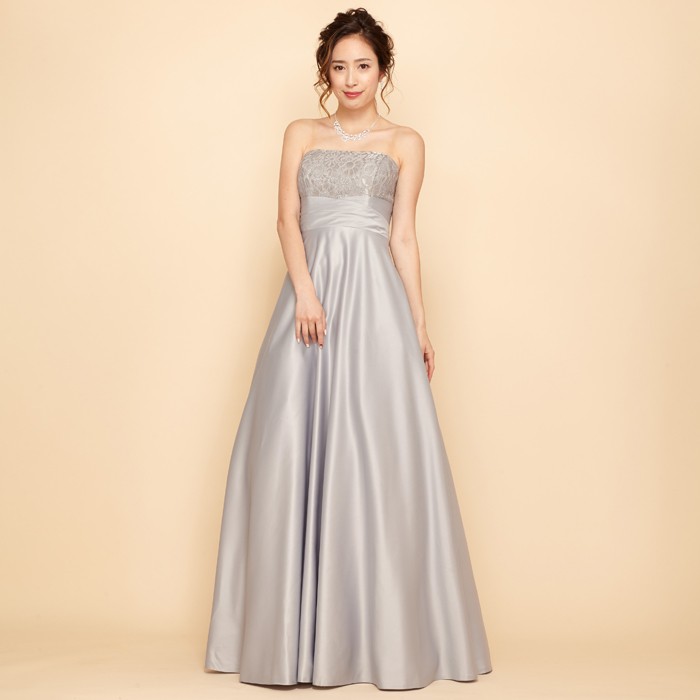 シルバー上質サテンラメフラワーレースロングドレス