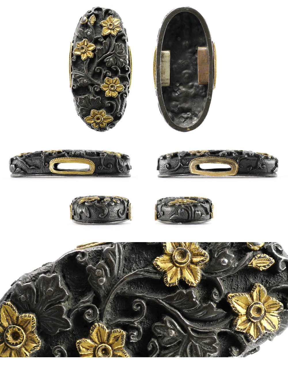 海】江戸明治期 花形 手彫 目貫 1対 鍍金銅製 骨董品