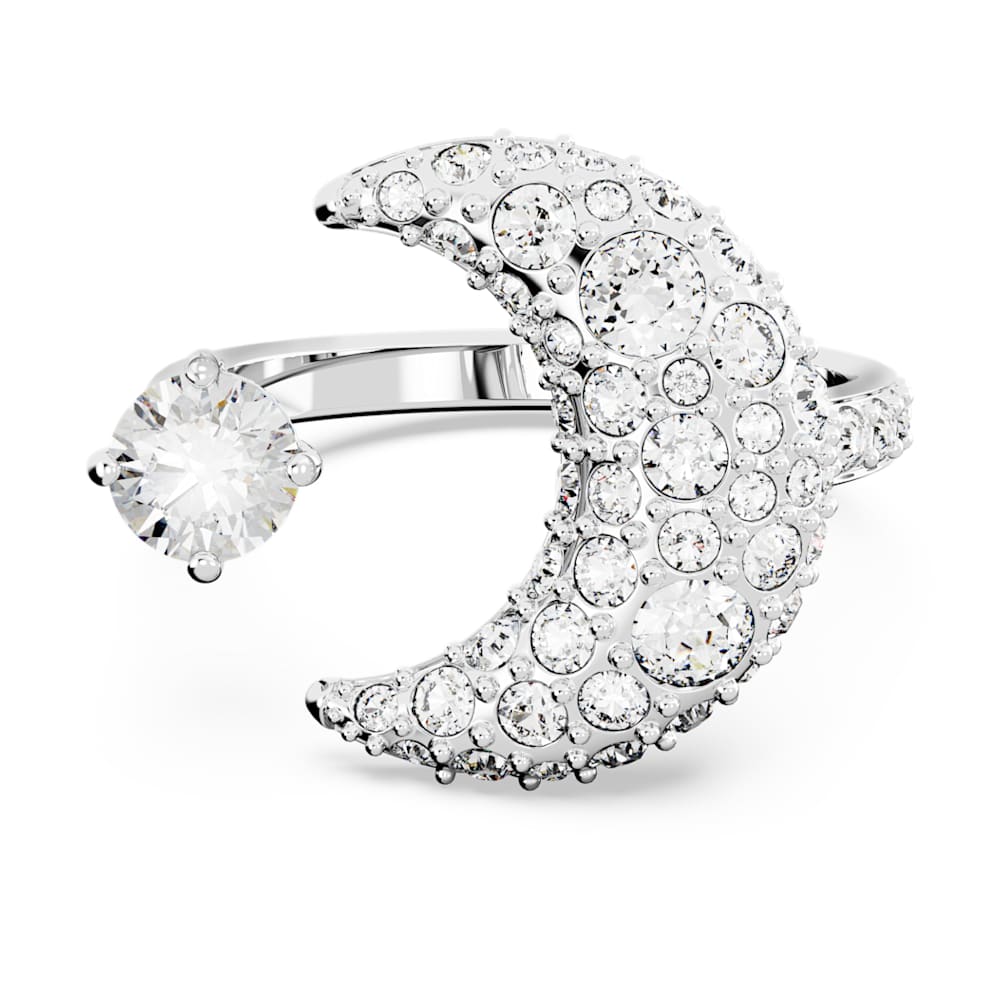 Luna open ring, Moon, White, Rhodium plated | Swarovski