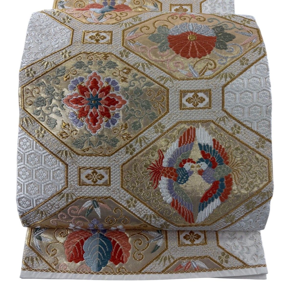 袋帯 秀品 蜀江華文 向かい鳥 金銀糸 唐織 金色 六通 正絹 【中古