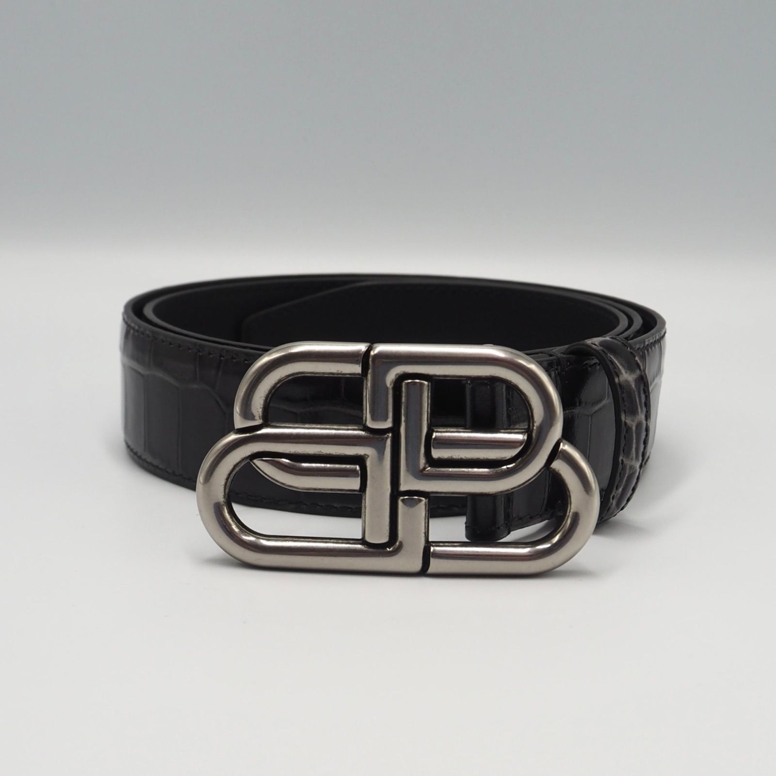 現行品】BALENCIAGA BBロゴ クロコエンボスレザー ベルト レザー