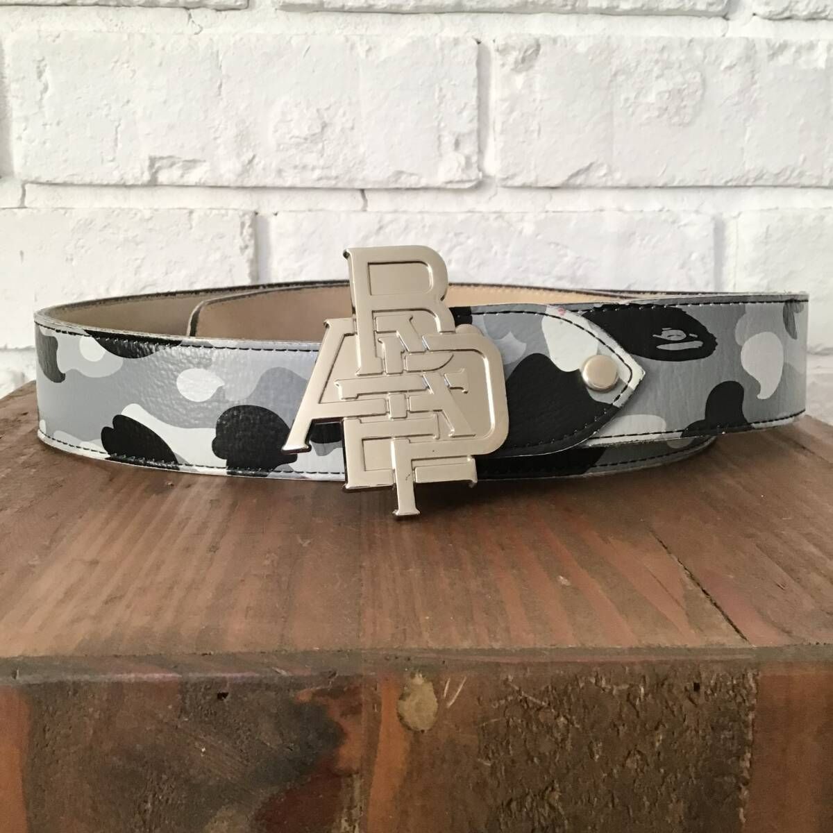 BAPE camo レザー ベルト グレー Lサイズ a bathing ape leather belt