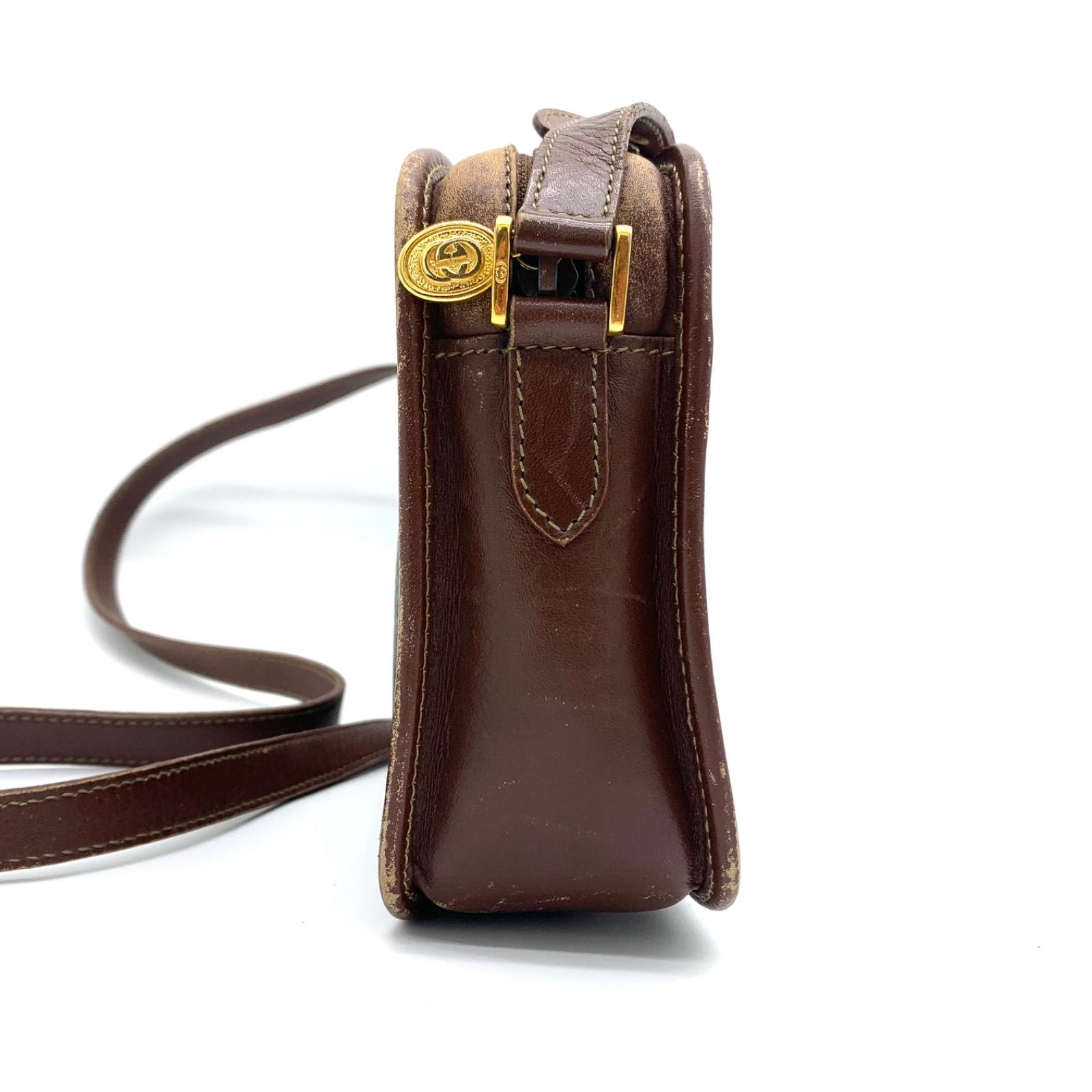 GUCCI オールドグッチ ショルダーバッグ レザー キャンバス ロゴ総柄