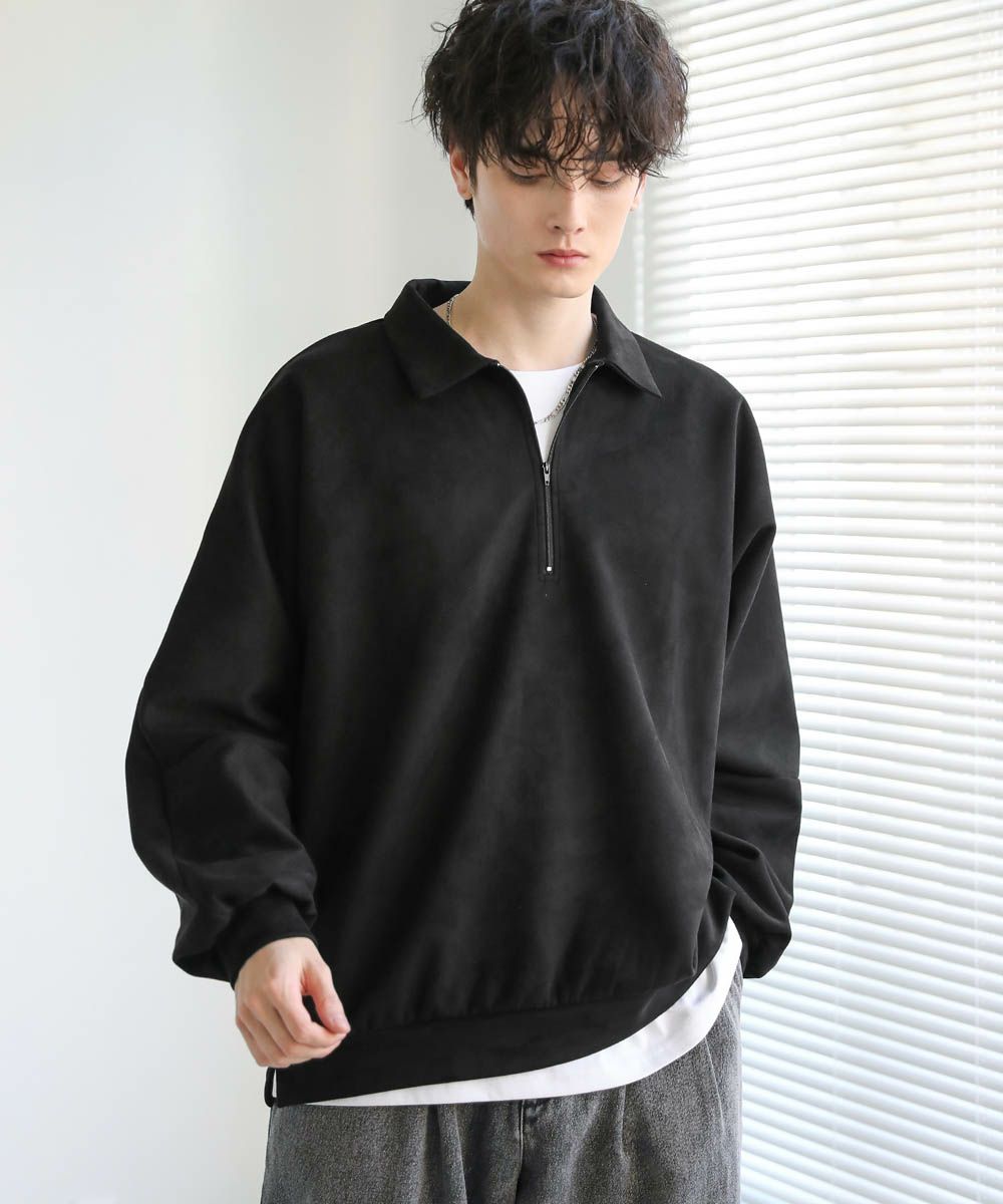 オーバーサイズ襟配色ハーフジップポンチ/フェイクスウェードプル