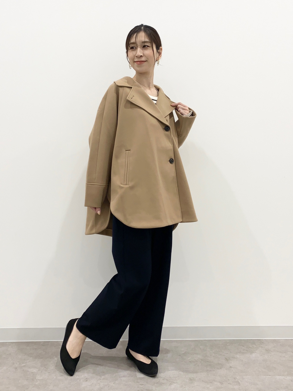 コージーメルトンケープコートZ+E、リブニットボーダーボタンスリーブ