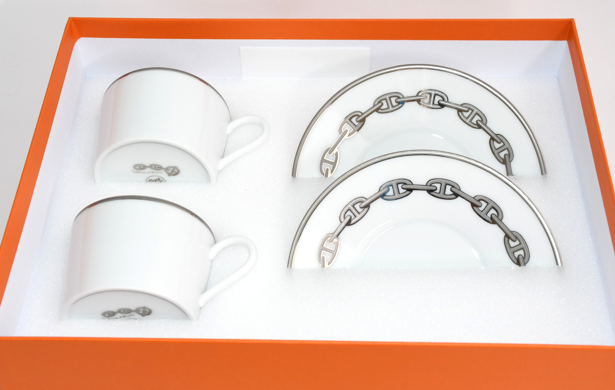 Hermes Chaine D'ancre Tea Cup and Saucer 2 set Platinum silver