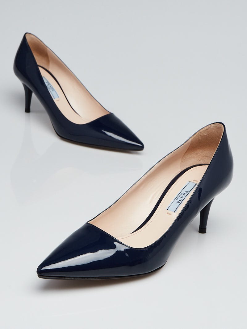Prada Navy Blue Patent Leather Mid Heel Pointed Toe Heels Size 7