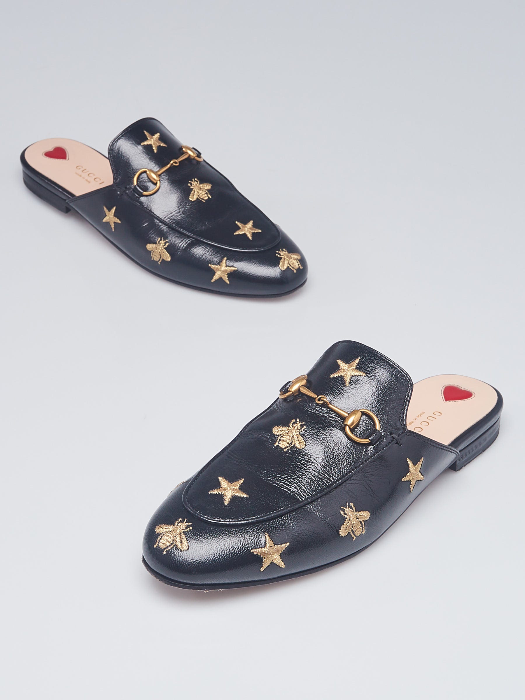 Gucci Black/Gold Leather Bee Embroidered Princetown Mule Flats