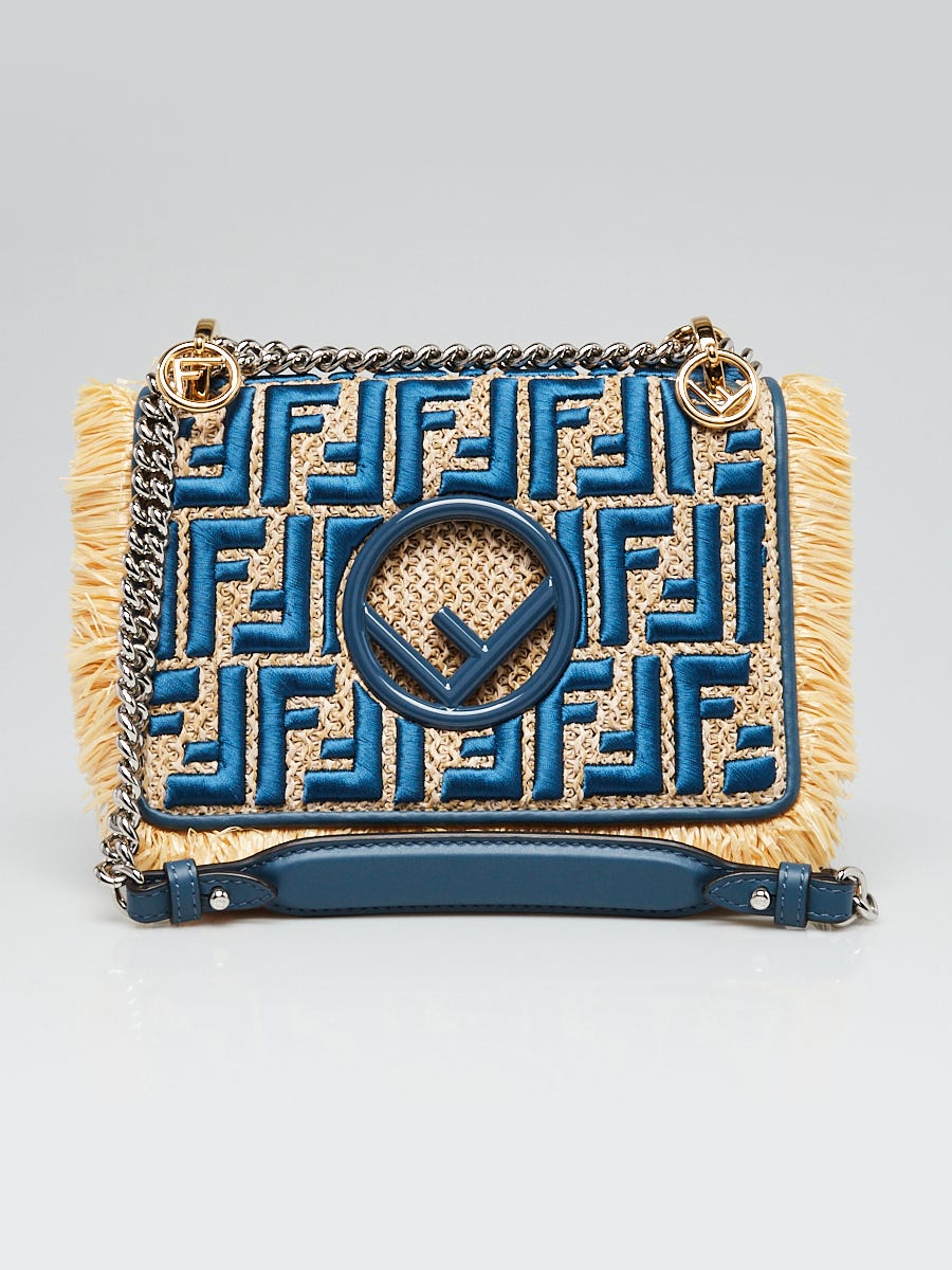 Fendi Blue/Natural Raffia and Embroidered FF Small Kan I Shoulder
