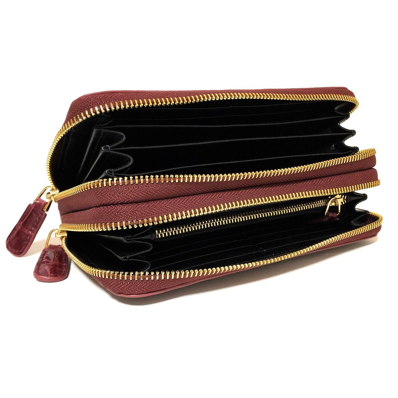 クロコダイル 長財布 本革 センター取り 肚ワニ ダブルファスナー