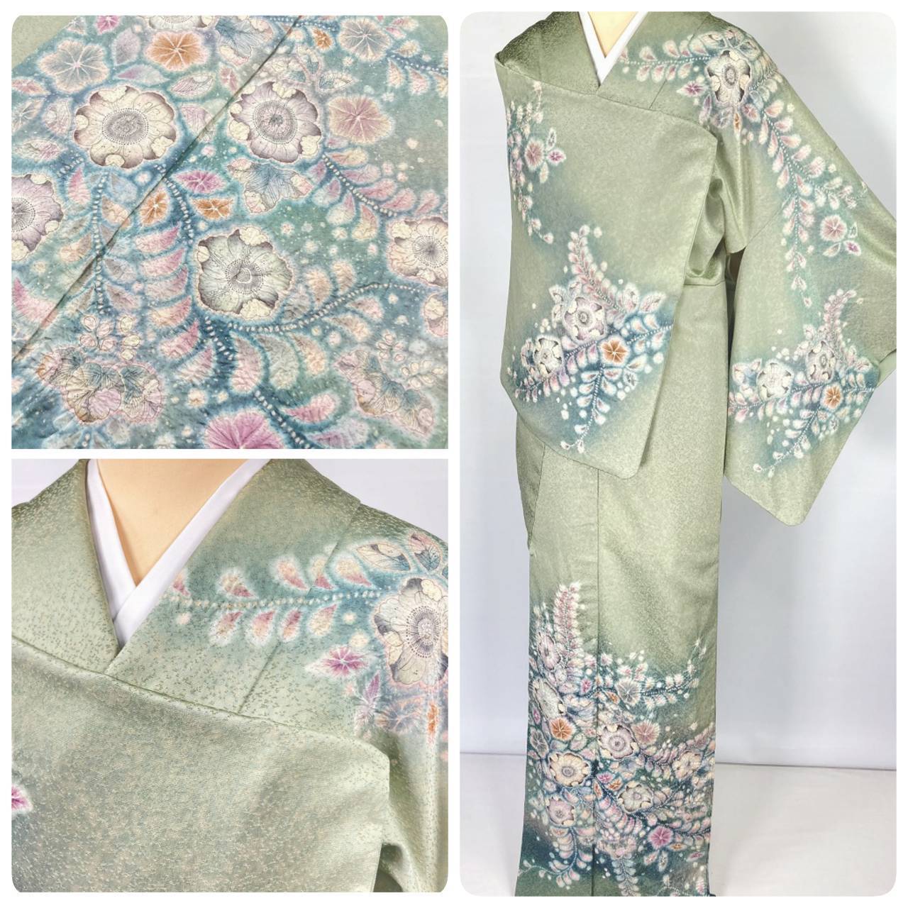 翠山工房 辻が花 絞り 銀通し 訪問着 袷 正絹 黄緑 緑 紫 1162