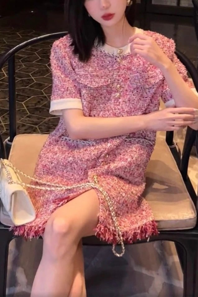 エレガントピンクフリンジツイードワンピース | sharmant