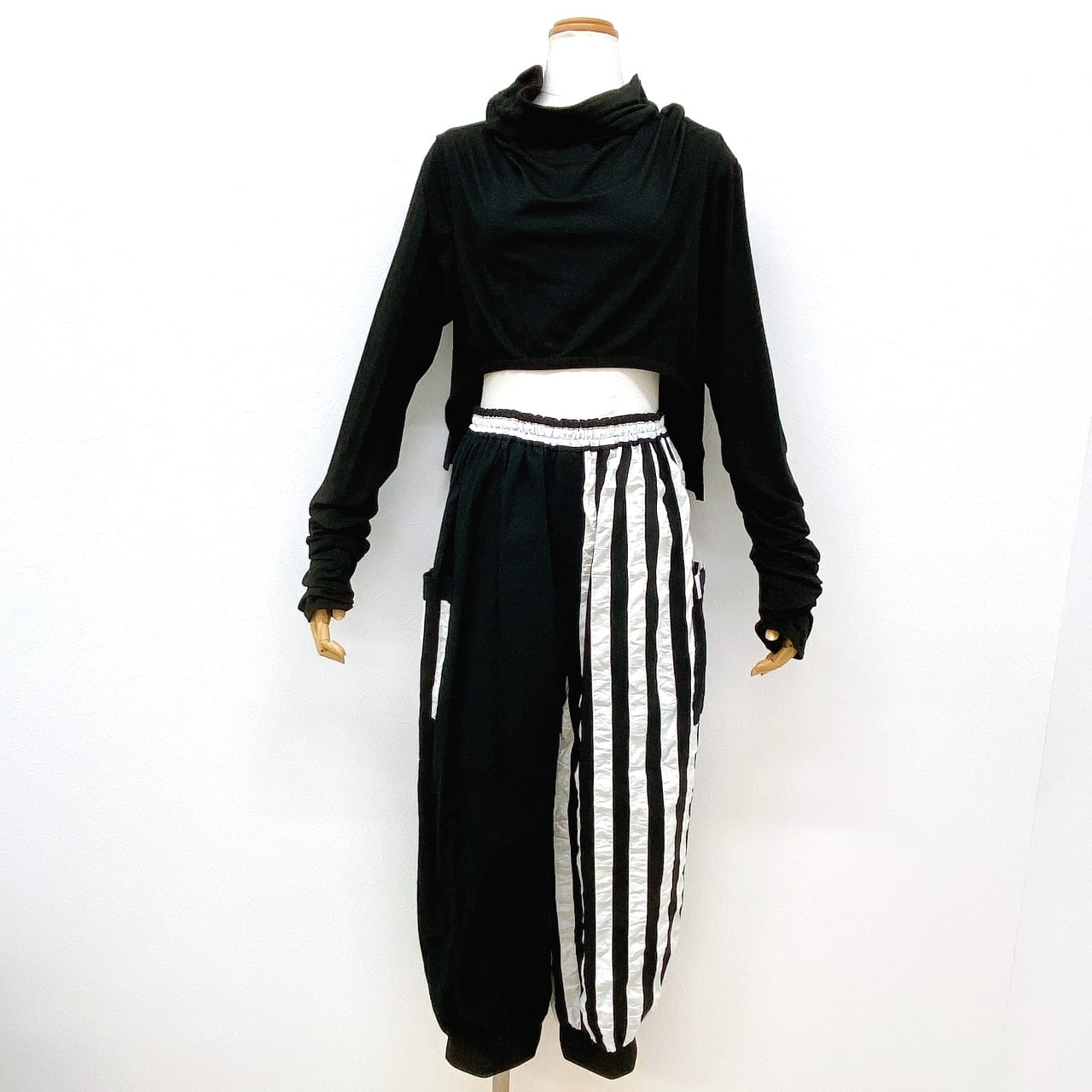 異素材MIXサルエルパンツ（黒×白ストライプ） | despair