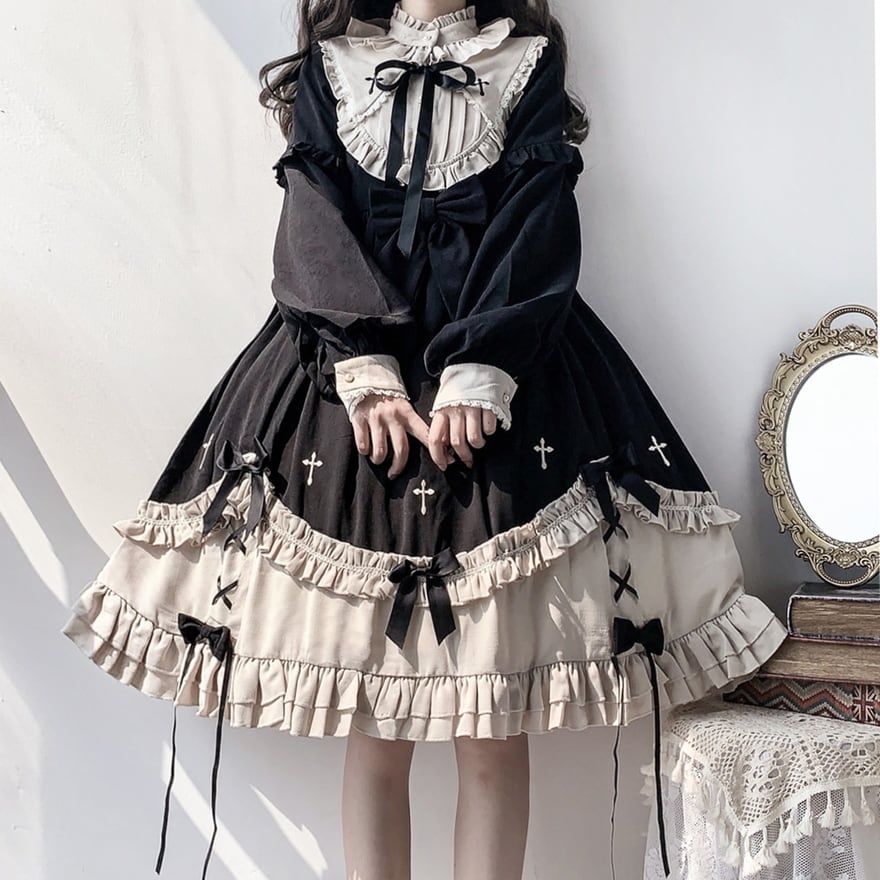 ロリータ ゴスロリ ワンピース ネックギャザー 編み上げ クロス 十字架