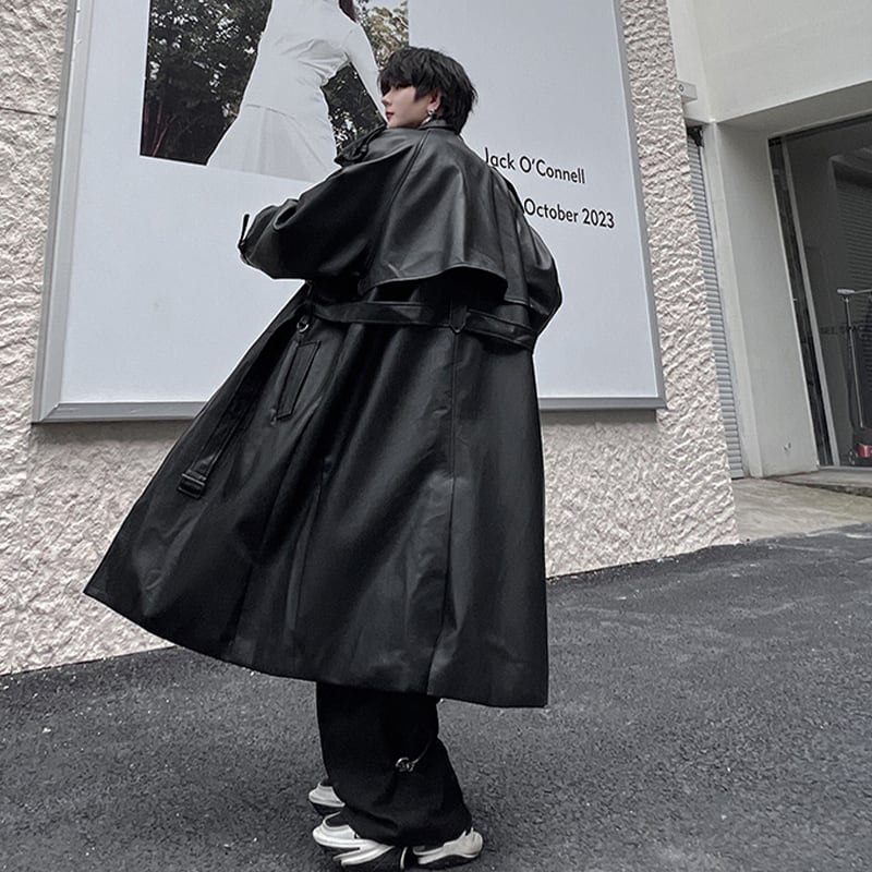 ベルト付きブラックレザートレンチコート | mblueshop