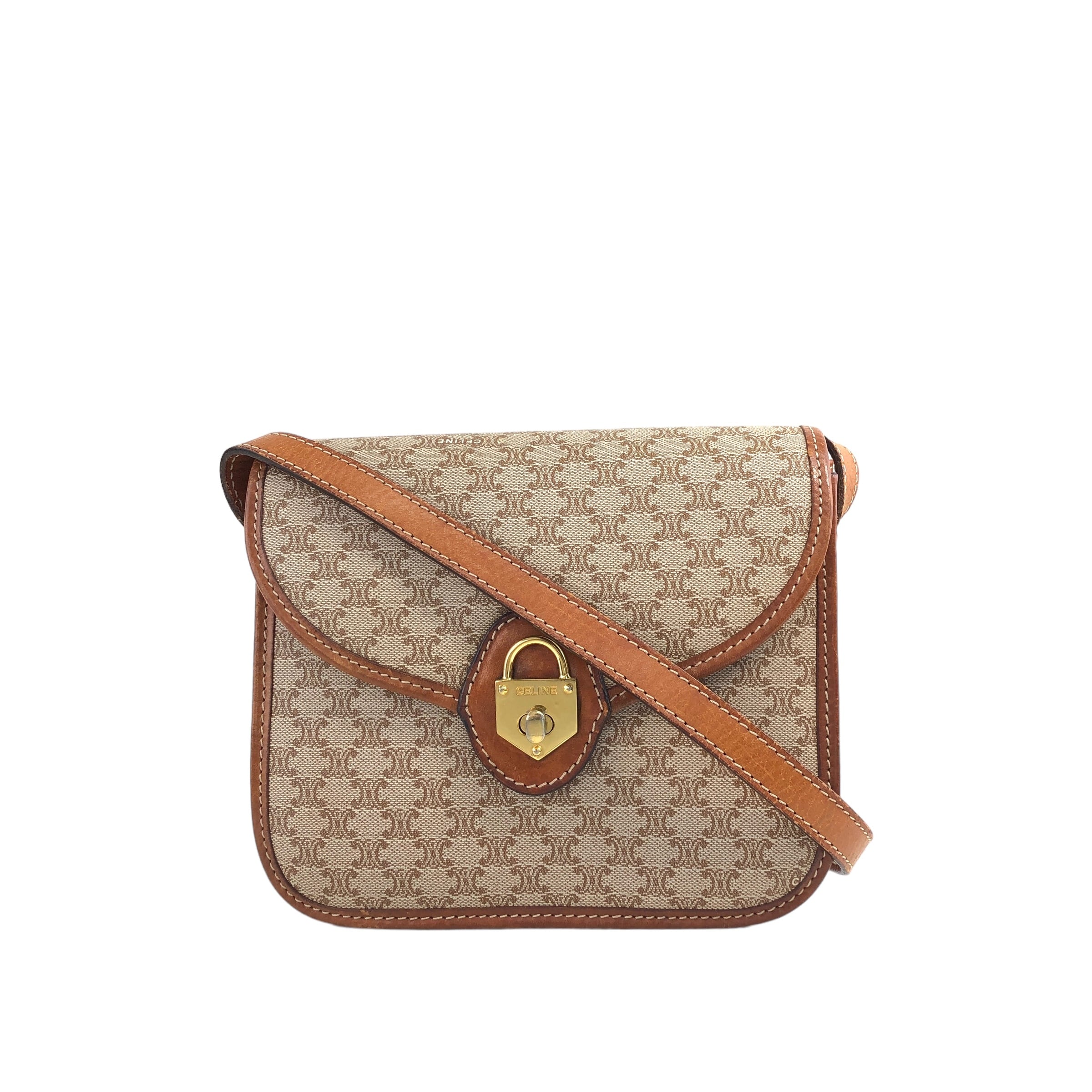 CELINE セリーヌ マカダム ショルダーバッグ ベージュ カデナ レザー