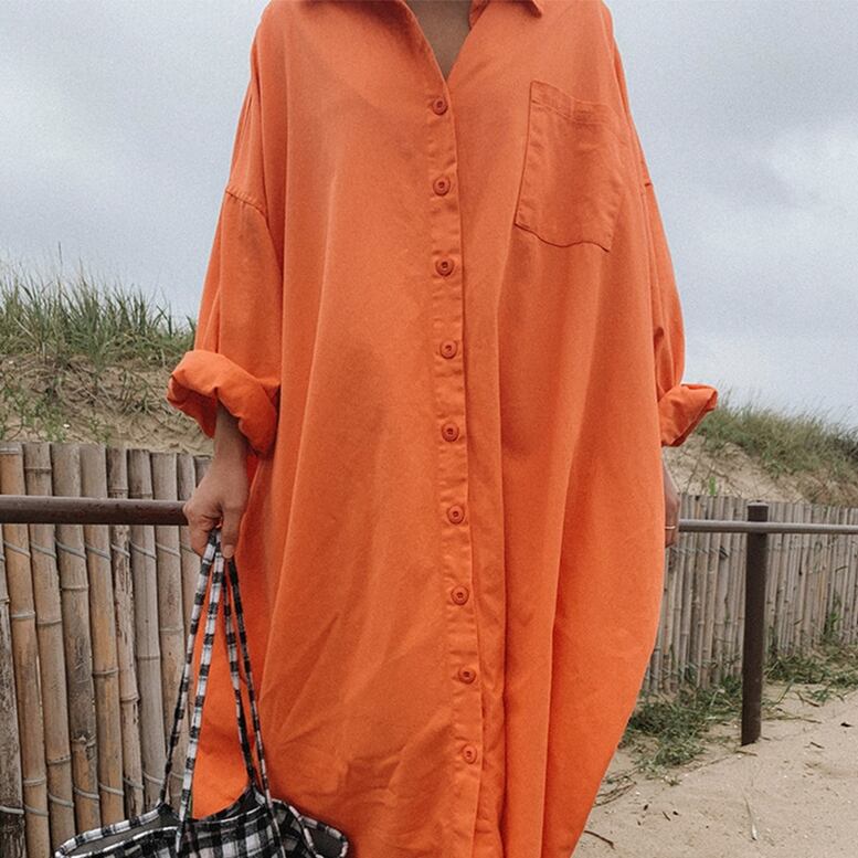 オーバーシャツワンピース】オレンジ ロングワンピース 襟付き 長袖