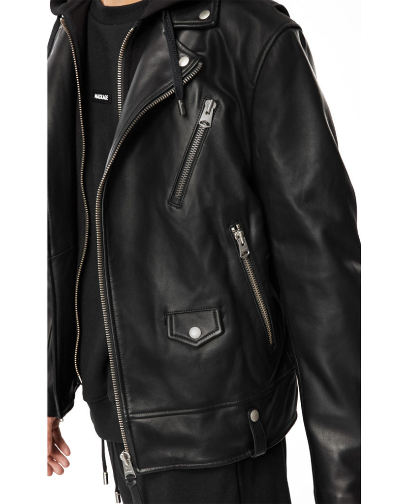 Motorcycle Leather Jacket with Removable Hood Black | Mackage