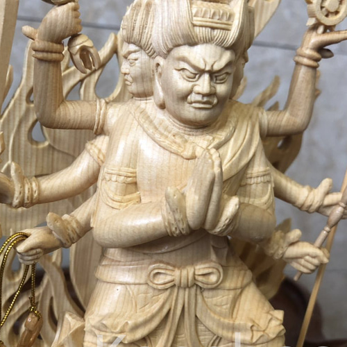 最高級 木彫仏像 大元帥明王立像 一刀彫 天然木檜材 彫刻 仏教工芸
