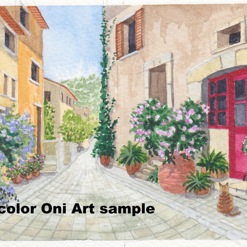 花の咲く路地04」透明水彩画 原画 風景画 ハガキサイズ 絵画 Oni 通販