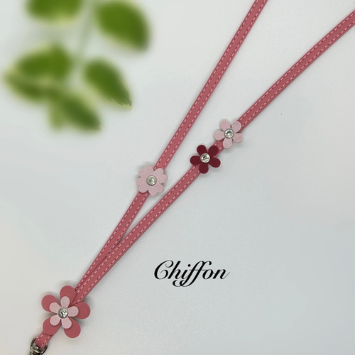 レザー調 ネックストラップ キラキラフラワー / 濃いピンク 携帯