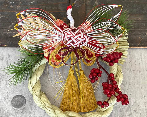 新作♪和モダンお正月飾り 水引鶴 若草 しめ縄・しめ飾り aki 通販