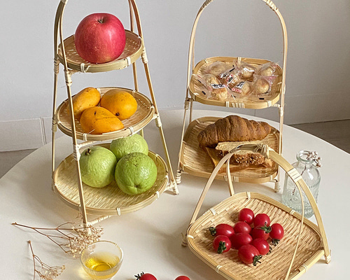 3PC竹編みの小さな手提げかご四角いお茶菓子フルーツケーキドライ