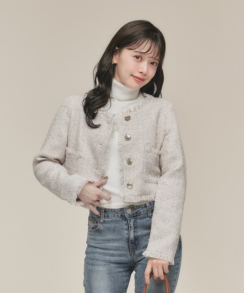 セール】no collar fringe tweed jacket / ノーカラーフリンジツイード