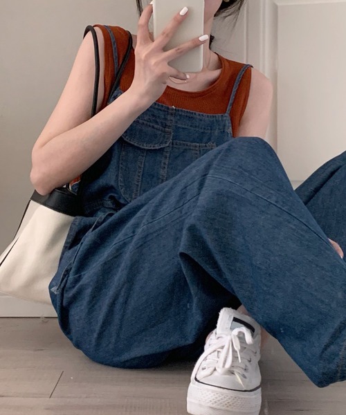 セール】レディース ワイドデニムウエストマークオーバーオール