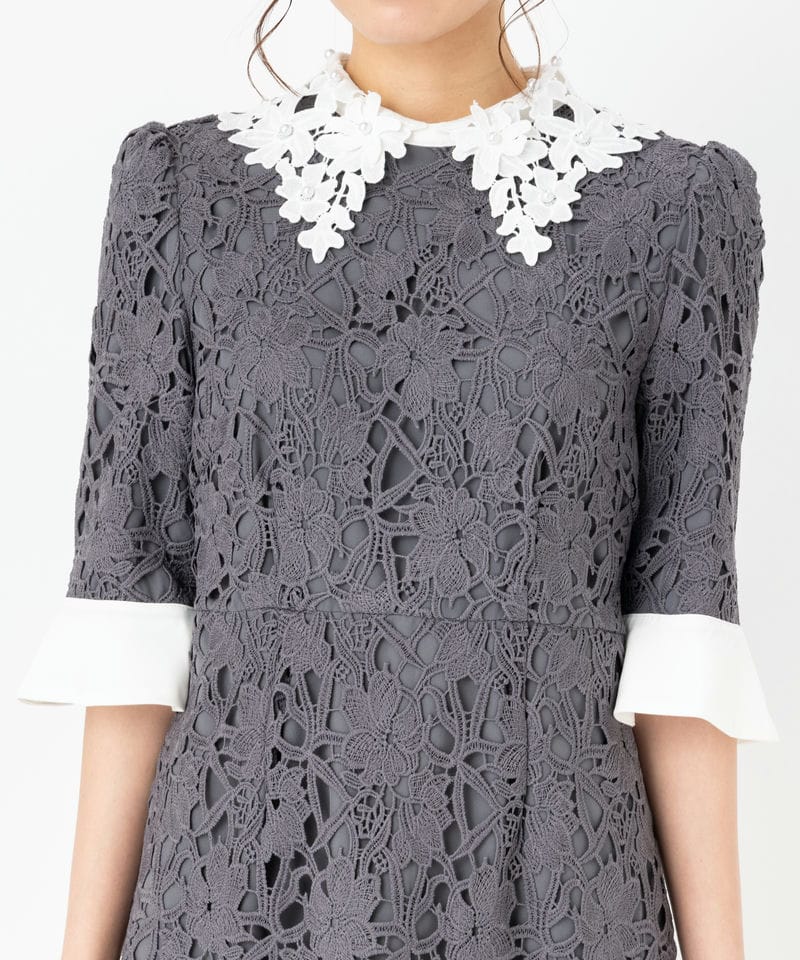 Leja レジャ 花柄レースカラース刺繍Aラインドレス グレー系 | 結婚式