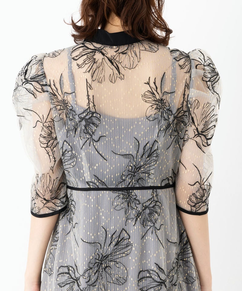 Leja レジャ 配色パイピングプチハイネック花柄刺繍ドレス グレー系