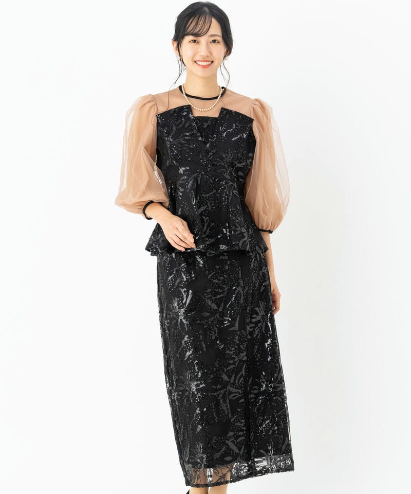 Leja レジャ シアーパフスリーブペプラムIラインドレス ブラック系