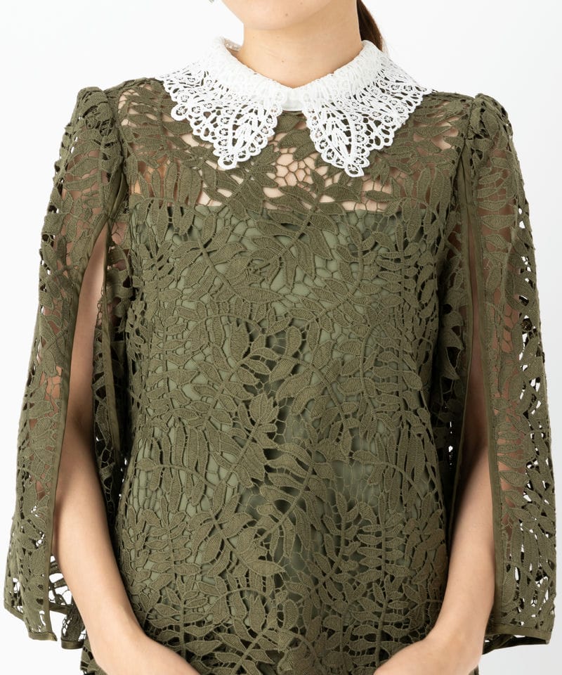 Leja レジャ リーフレースカラースリットスリーブセットアップドレス